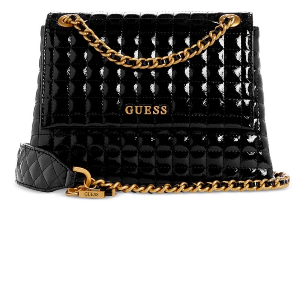 GUESS Tia Convertible Black Quilted Crossbody Bag with Antique Gold Chain